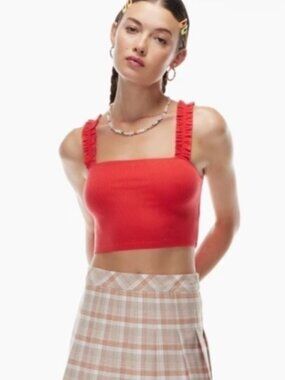 Aritzia Sunday Best Red Cropped Tank with Ruffled Straps
